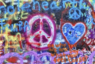 John Lennon Wall, Graffiti, Prague, Czech Republic, Europe, Colourful graffiti with peace and heart