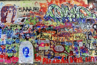 John Lennon Wall, Graffiti, Prague, Czech Republic, Europe, Colourful graffiti wall with portrait