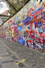 John Lennon Wall, Graffiti, Prague, Czech Republic, Europe, Long colourful graffiti wall in an