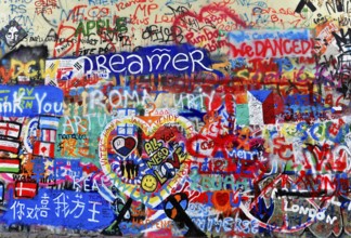 John Lennon Wall, Graffiti, Prague, Czech Republic, Europe, Living graffiti wall with various