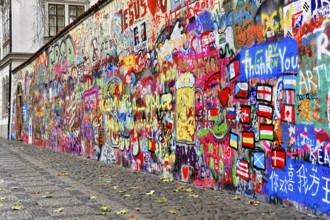 John Lennon Wall, Graffiti, Prague, Czech Republic, Europe, Long graffiti wall on a cobblestone