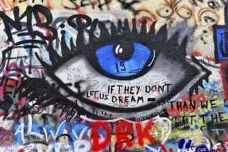 John Lennon Wall, Graffiti, Prague, Czech Republic, Europe, Graffiti of a big blue eye with