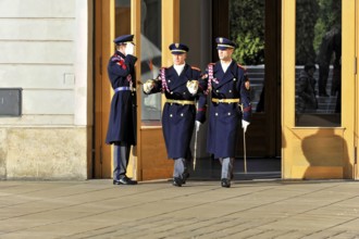 Changing of the guard at Prague Castle, Hradcany, Prague, Czech Republic, Europe, Soldiers in blue