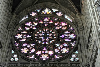 St. Vitus or St. Vitus Cathedral, Hradcany, Prague, Czech Republic, Europe, Large rose window with
