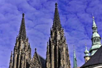 St Vitus or St Vitus Cathedral, Hradcany, Prague, Czech Republic, Europe, Two Gothic church towers