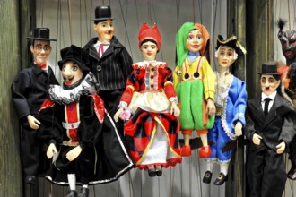 Prague marionettes, Prague, Czech Republic, Europe, Various marionettes with colourful costumes,