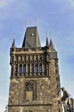 Prague, Czech Republic, Europe, Historic, mighty tower in Gothic style with battlements and