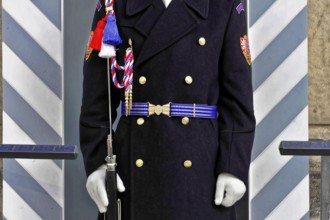 Prague, Czech Republic, Europe, Ceremonially dressed soldier in blue uniform with conspicuous belt