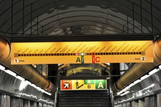 Metro station with illuminated line map and modern elements, Prague, Czech Republic