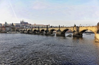 Charles Bridge, Prague, Czech Republic, Europe, Historic bridge over a river in an urban setting