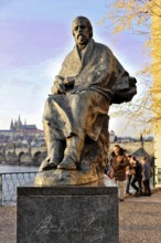 Smetana Monument, Prague, Czech Republic, Europe, Statue of a man on a promenade with people in the