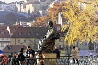 Smetana Monument, Prague, Czech Republic, Europe, A bronze statue sits in the foreground framed by