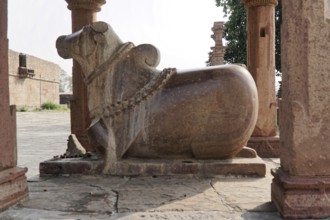 Kota, Rajasthan, North India, Asia, Nandi stone sculpture at a historic temple, India