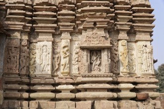 Kota, Rajasthan, North India, Asia, Temple facade with elaborate stone carvings and Hindu reliefs,