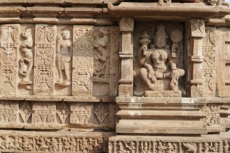 Kota, Rajasthan, North India, Asia, Detailed stone carvings with Hindu figures at a temple, India