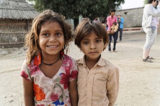 Sawai Madhopur, Kota, Rajasthan, North India, Asia, Two children smiling friendly, a village in the
