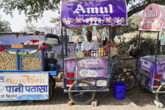 Kota, Rajasthan, North India, Asia, street stall with Amul ice cream and colourful decoration,