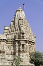 Kota, Rajasthan, North India, Asia, Detailed view of an ornate stone temple tower in India, India