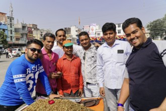 Kota, Rajasthan, North India, Asia, Group of men in sunny weather in an urban environment,