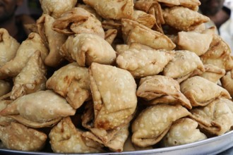 Kota, Rajasthan, North India, Asia, Stack of deep-fried samosas on a tray at the market, India