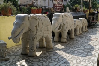 Udaipur, Rajasthan, North India, India, Asia, Row of stone elephant sculptures in an art gallery in