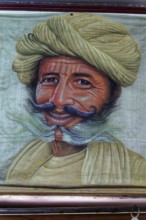 Painting, Sale, Souvenir, Udaipur, Rajasthan, India, Asia, Painting of a smiling man with turban