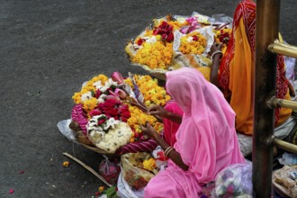 Udaipur, Rajasthan, North India, Asia, Women selling colourful flowers at a market in India,