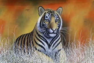 Painting, Sale, Souvenir, Udaipur, Rajasthan, India, Asia, Artistic depiction of a tiger in high