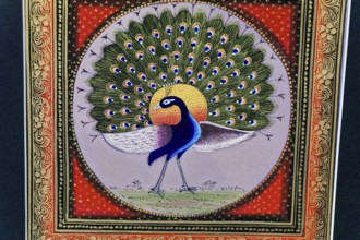 Painting, Sale, Souvenir, Udaipur, Rajasthan, India, Asia, Decorative peacock in an ornate,