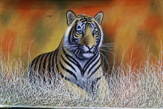 Painting, Sale, Souvenir, Udaipur, Rajasthan, India, Asia, Painting of a tiger in a savannah at