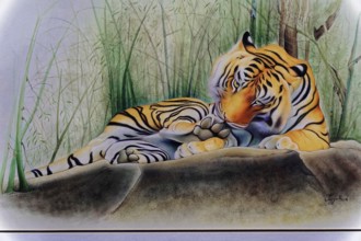 Painting, Sale, Souvenir, Udaipur, Rajasthan, India, Asia, A tiger lies relaxed on a rock