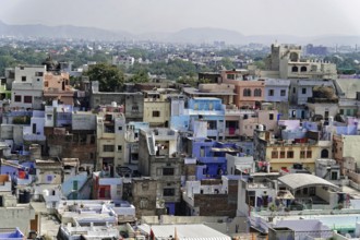 Udaipur, Rajasthan, North India, Asia, Urban view in India with dense buildings and colourful