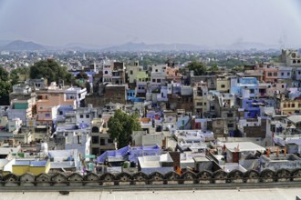 Udaipur, Rajasthan, North India, Asia, Dense city view in India with colourful buildings and hills
