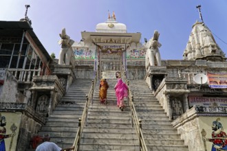 Entrance to Jagdish Temple, Udaipur, People climbing the steps to a temple flanked by statues under