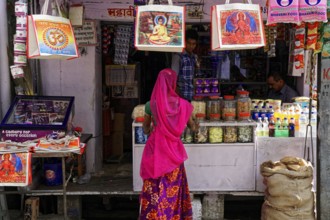 Udaipur, Rajasthan, North India, India, Asia, A woman in traditional dress looks at goods at a