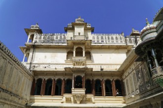 City Palace, Udaipur, Rajasthan, India, Asia, Historic building with balconies and ornate windows