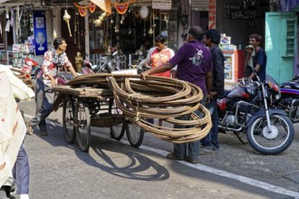 Udaipur, Rajasthan, North India, Asia, Men transporting long pipes on a three-wheeled rickshaw in a