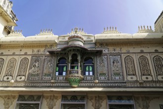 City palace, Udaipur, Rajasthan, India, Asia, Detailed decorated façade with mosaic and ornate