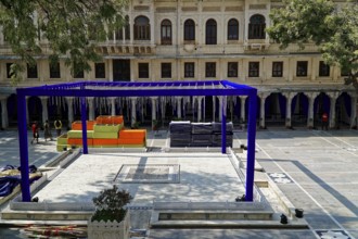 Udaipur, Rajasthan, North India, Asia, courtyard with decorative set-up and preparations for an