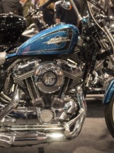 Vintage motorbike tank in blue metallic with chrome details, dortmund, deutchland