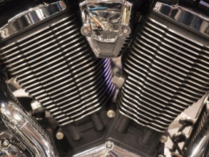 Close-up of a chrome-plated motorbike engine cylinder, Dortmund, Germany