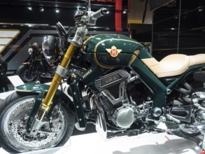 Modern motorbike model with VR6 engine, black finish and leather seat on a platform, dortmund,