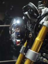 Close-up of a motorbike with golden forks and modern headlights, dortmund, deutchland