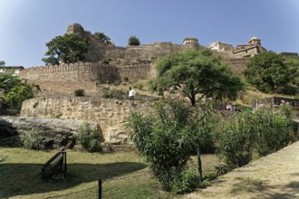 Spacious historical fortifications in a green, sunny landscape, Ranakpur, Jodhpur, Rajasthan, North