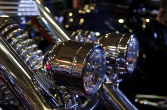 Close-up of sparkling chrome headlights on a motorbike, dortmund, germany