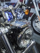 Detailed view of a motorbike headlight with chrome applications, Dortmund, Germany