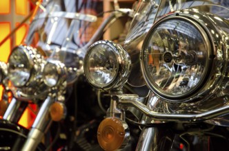 Close-ups of shiny motorbike headlights at an exhibition, dortmund, germany