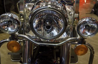 Front view of a motorbike with large chrome headlights, dortmund, germany