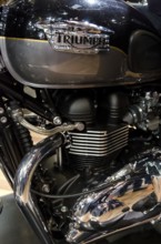 Detailed view of a Triumph motorbike with black and chrome engine, dortmund, germany