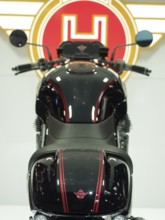 Black retro motorbike with stylised background, dortmund, germany